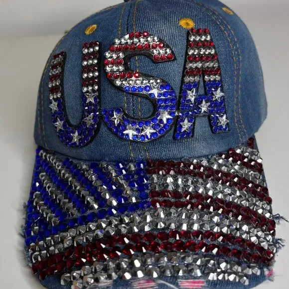 USA Denim Bedazzled Rhinestone American Flag Distressed Baseball Hat Cap NWT NEW - Picture 4 of 11